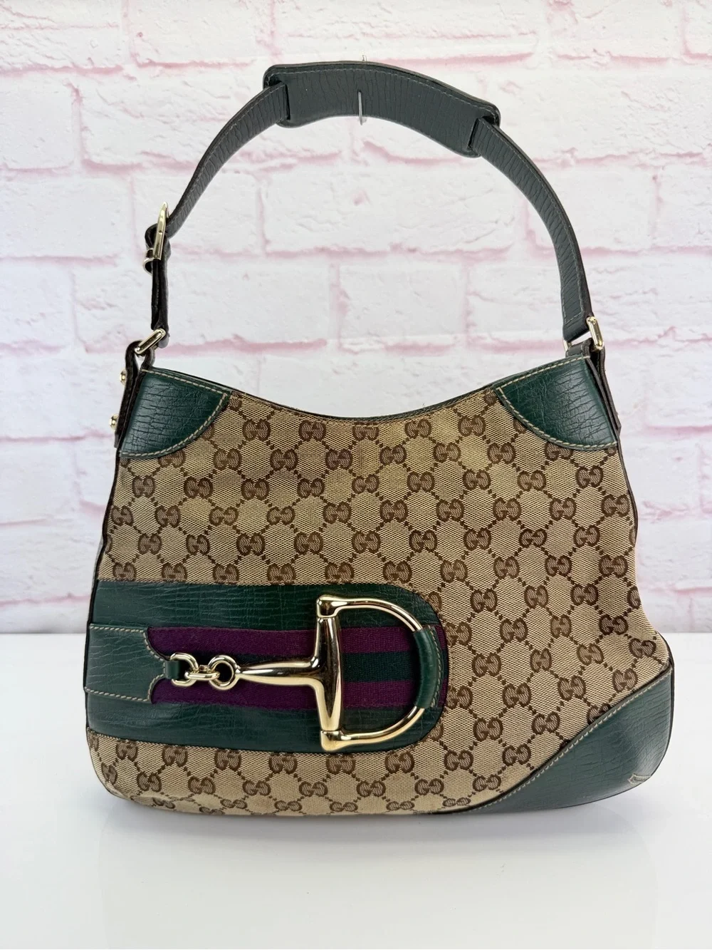 Gucci Beige/Ebony GG Canvas Green Leather Horsebit Hobo Bag